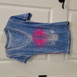 Affliction t-shirt, faded blue, textured pink print detail Large, fits snug